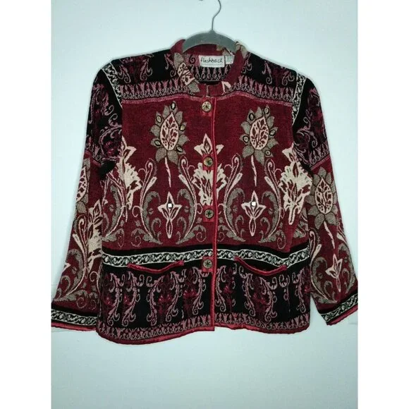 Vtg Flashback Womens Sz M Floral Maroon Tapestry Coat Blazer Cropped Jacket - Picture 1 of 6